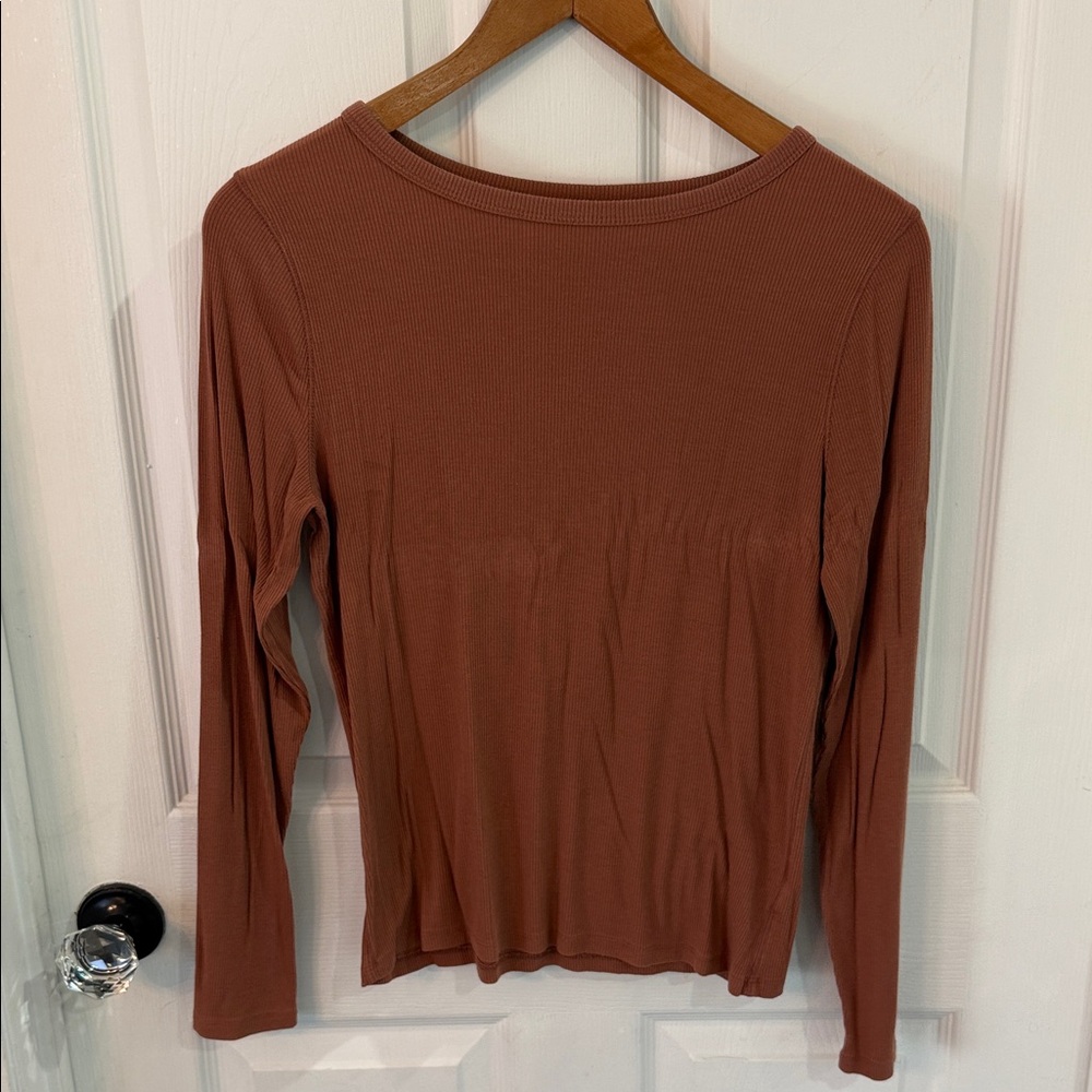 a new day Long Sleeve Ribbed Top - Rusty Brown